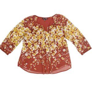 Sara Michelle Blouse Top Womens PS Petite Small Orange 3/4 Sleeve Floral Sheer
